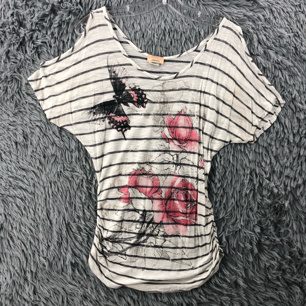 Cesem Shirt Womens Medium Soft Striped Cold Shoulder Butterfly Roses Rouche